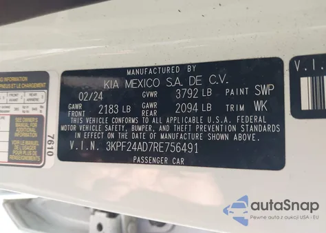 2024 Kia Forte Lxs из США, поврежденный, VIN 3KPF24AD7RE756491